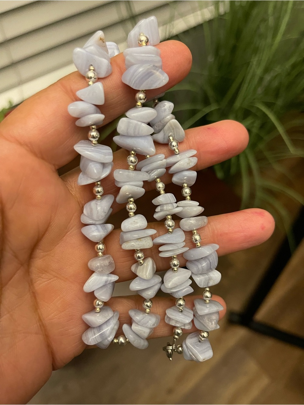 Handmade Blue Lace Agate Chip Bracelet -Light Blue Bead Necklace Jewelry 22”